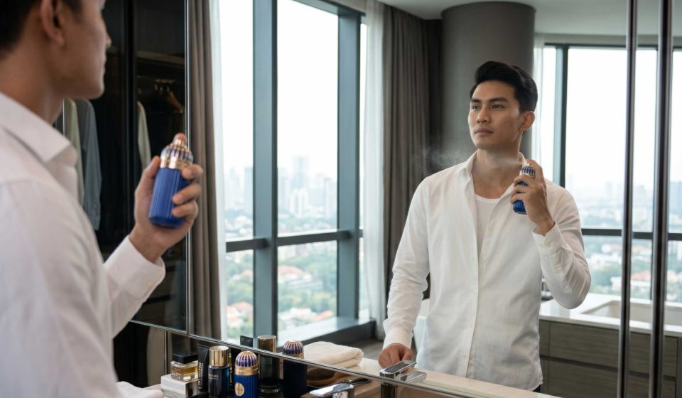 seorang pria sedang grooming menggunakan parfum mykonos
