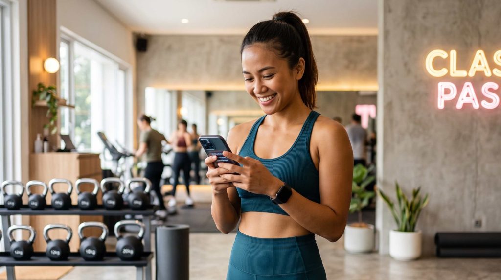 seorang wanita yang sangat senang menggunakan aplikasi classpass