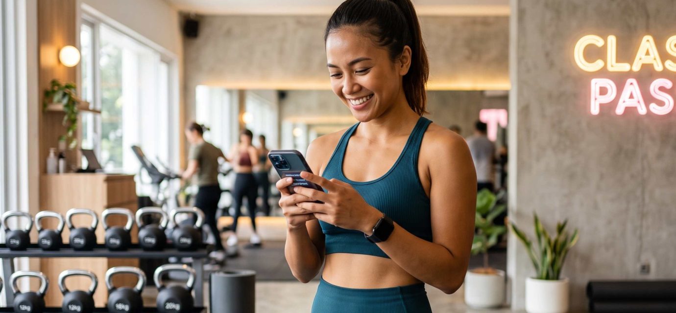 seorang wanita yang sangat senang menggunakan aplikasi classpass