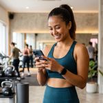 seorang wanita yang sangat senang menggunakan aplikasi classpass