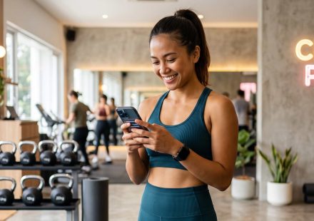 seorang wanita yang sangat senang menggunakan aplikasi classpass