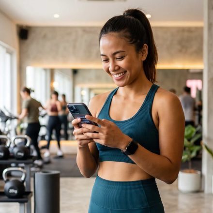 seorang wanita yang sangat senang menggunakan aplikasi classpass