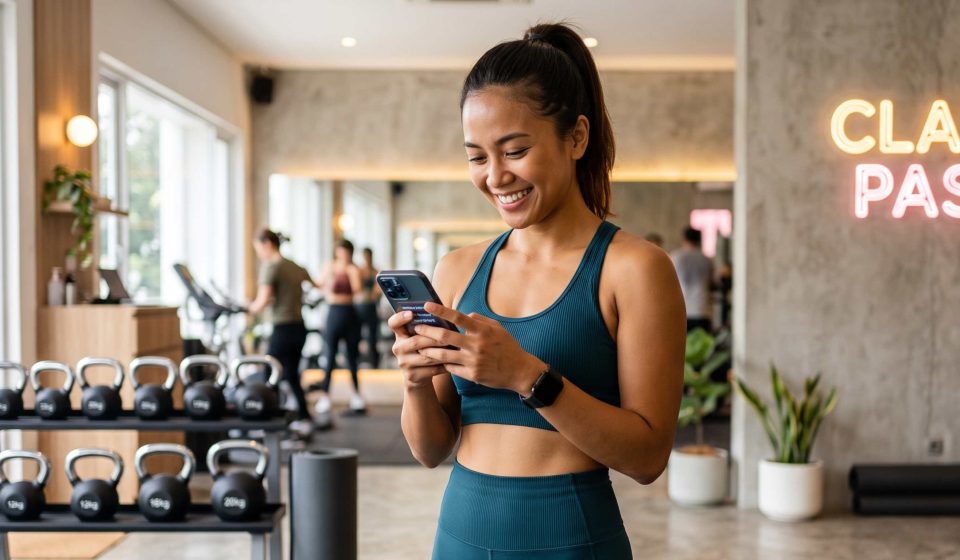 seorang wanita yang sangat senang menggunakan aplikasi classpass