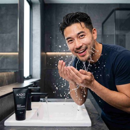 seorang pria sedang mencuci muka dengan skincare pria