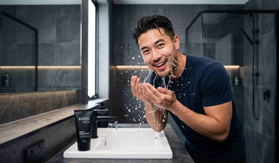 seorang pria sedang mencuci muka dengan skincare pria